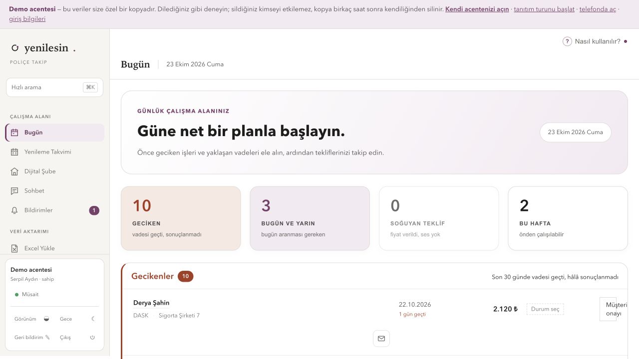 Demo acentesinin Bugün ekranı: geciken, bugün ve bu hafta yenilenecek poliçeler